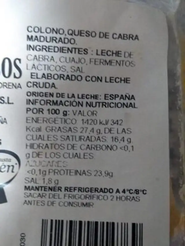 Colono nutrition facts table