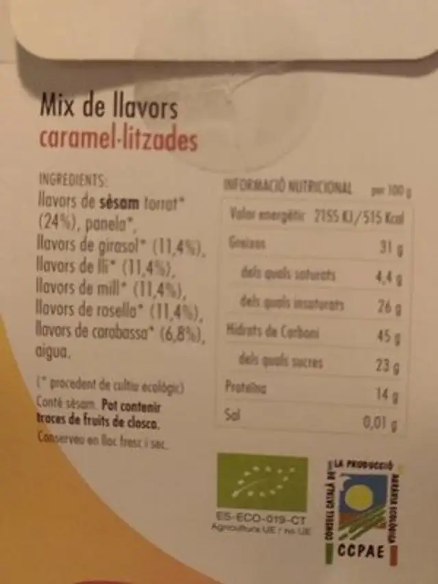 Sésamo caramelizado nutrition facts table
