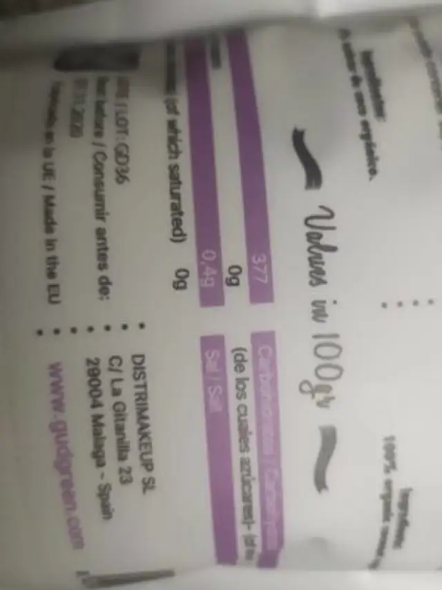 Azúcar de coco nutrition facts table