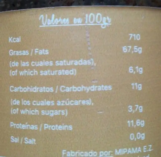 Crema de Avellana nutrition facts table