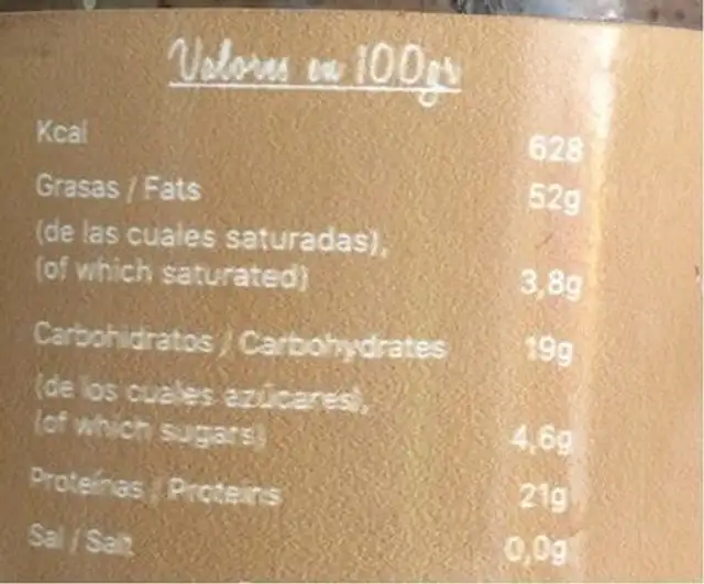 Crema de almendra nutrition facts table