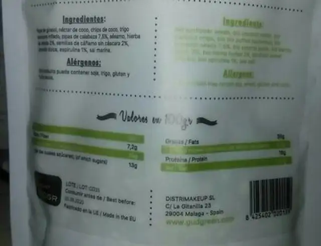 Granola crujiente verde nutrition facts table