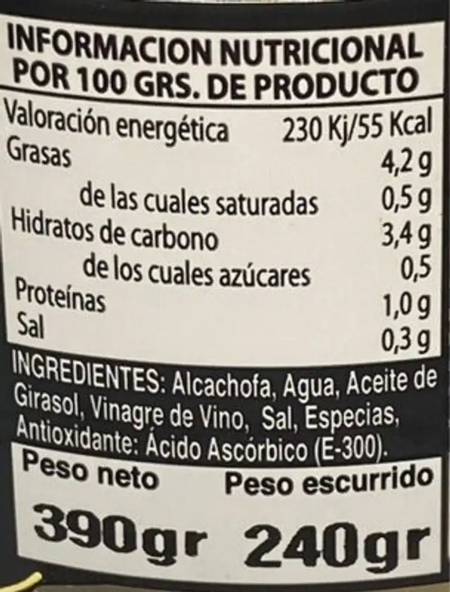 Corazones Alcachofa Marinada nutrition facts table