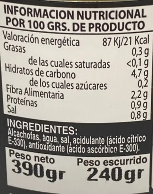 Corazones de alcachofas al natural nutrition facts table