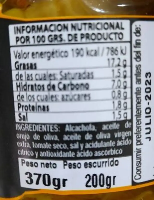 Alcachofa Mediterranea nutrition facts table