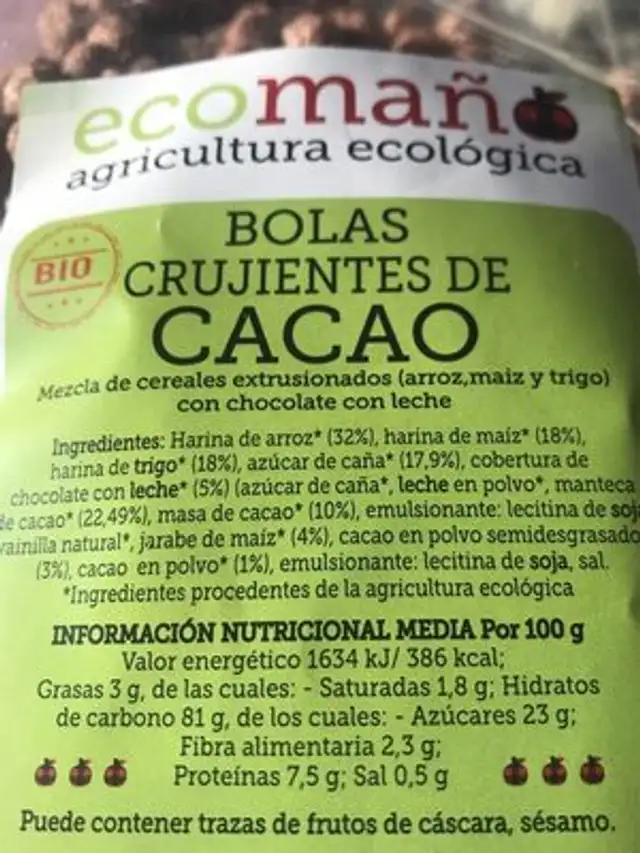 Bilas crujientes de cacao bio nutrition facts table