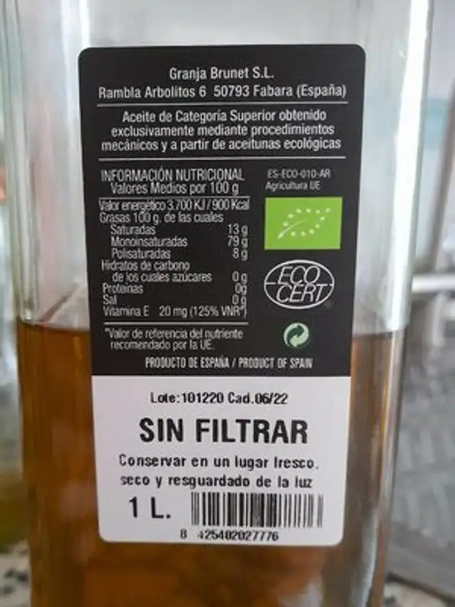 Aceite brunet virgen extra nutrition facts table