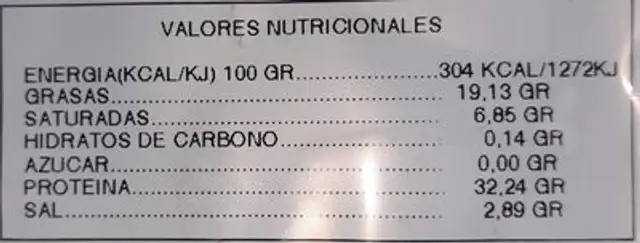 Paleta de cebo 100% ibérica nutrition facts table