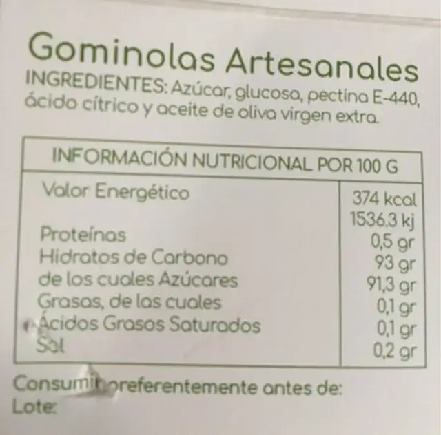 Las Manillas nutrition facts table