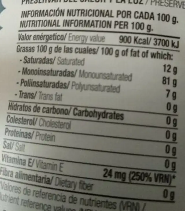 Aceite de oliva virgen extra nutrition facts table