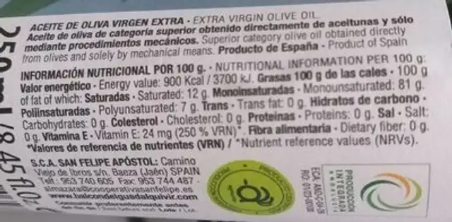 AOVE Balcón del Guadalquivir nutrition facts table