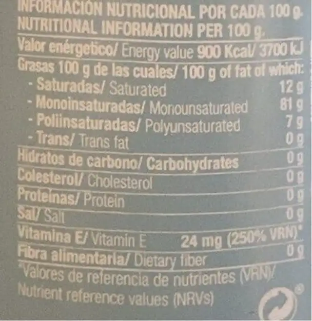 Aceite de oliva Virgen Extra nutrition facts table