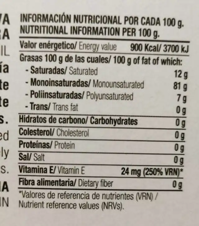 Aceite de oliva virgen extra nutrition facts table