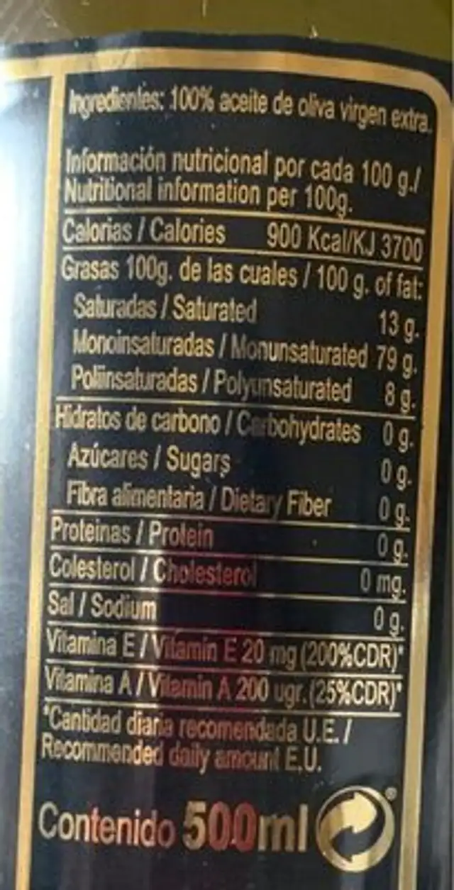 Aceite de oliva virgen extra nutrition facts table