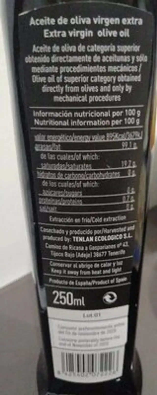 Aceite premium selection Arbequina nutrition facts table