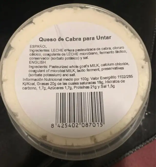 Queso de cabra para untar nutrition facts table