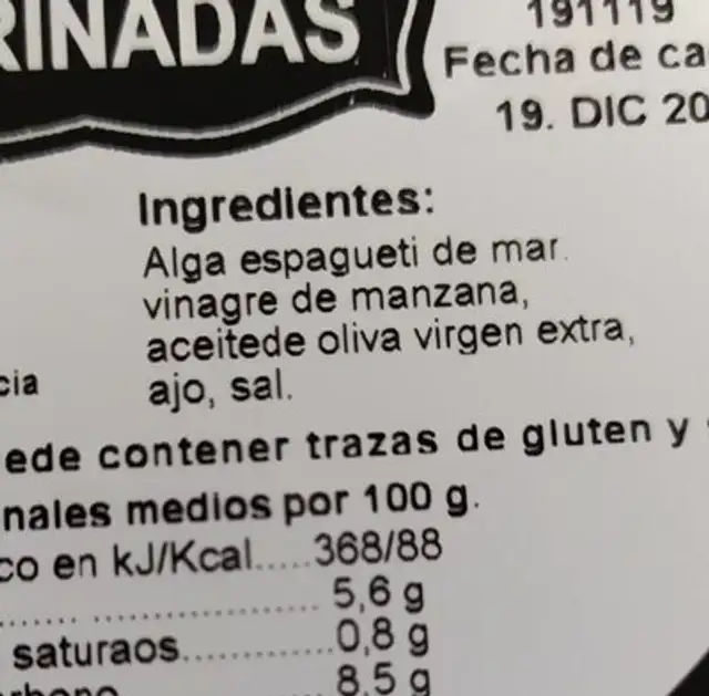 Algas Marinadas nutrition facts table