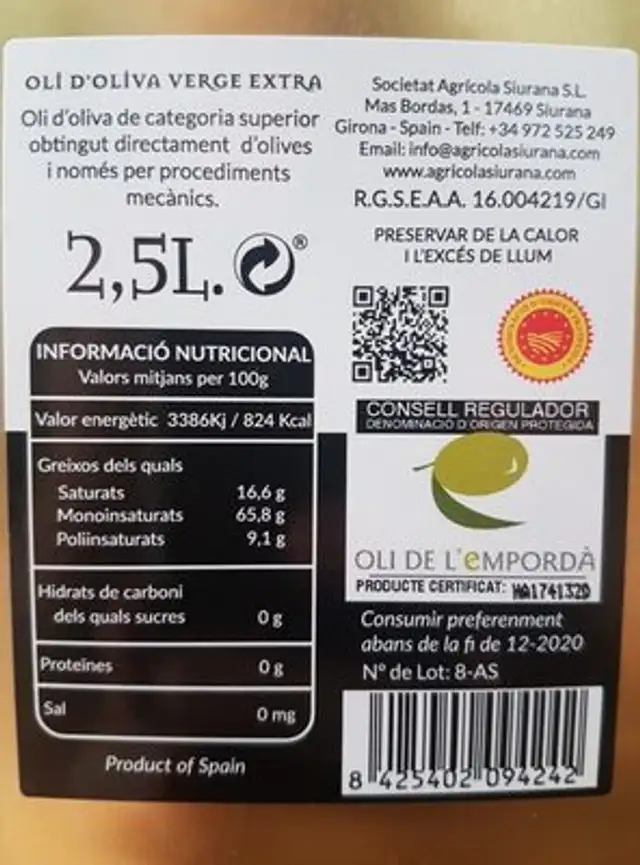 OLI D'OLIVE VERGE EXTRA ingredients label