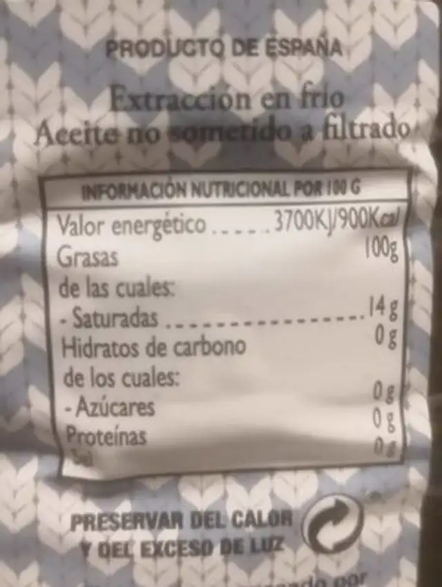 Aceite virgen extra nutrition facts table