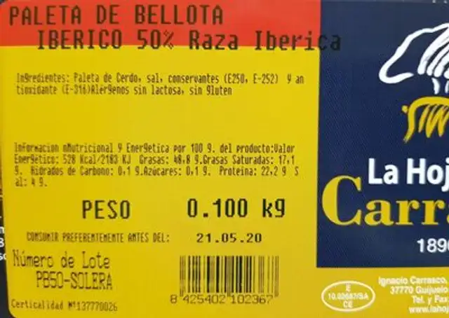 Jamon iberio de bellota nutrition facts table
