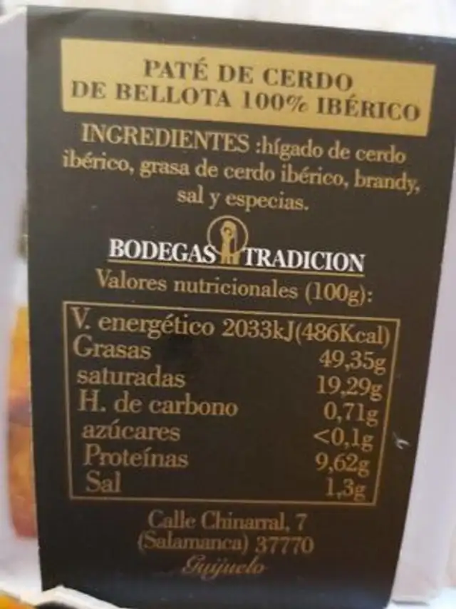 Paté de bellota100% ibérico nutrition facts table