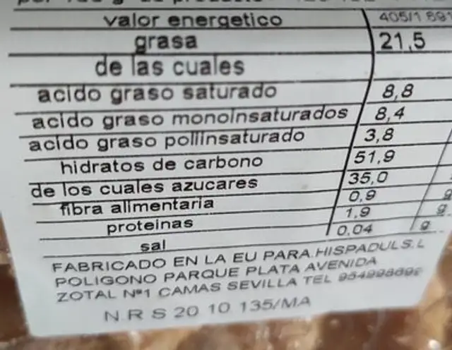 Palmeras glaseadas nutrition facts table
