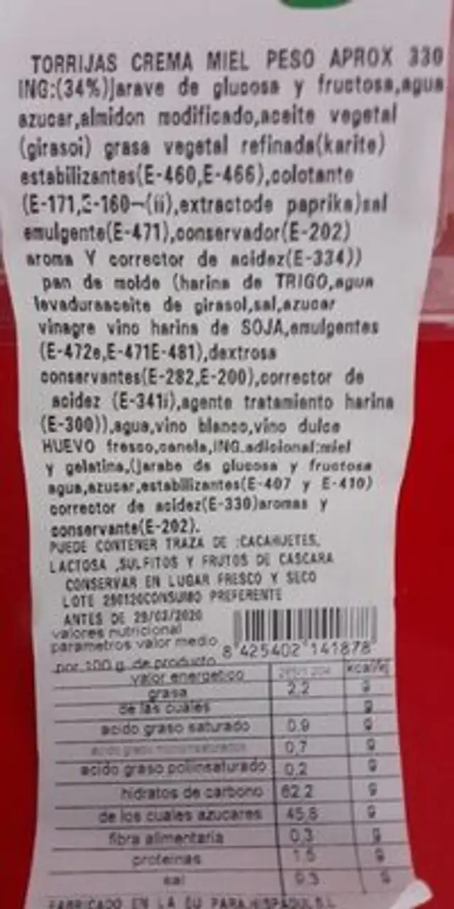 Torrijas nutrition facts table