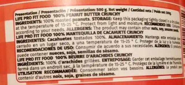 Peanut butter ingredients label