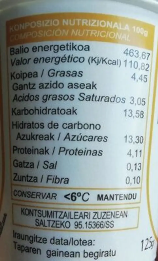 Urraki jogurrak melokotoia nutrition facts table