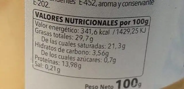 Crema de queso de oveja nutrition facts table