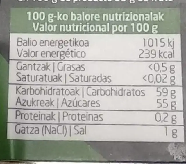 Errezil sagar dultzea nutrition facts table