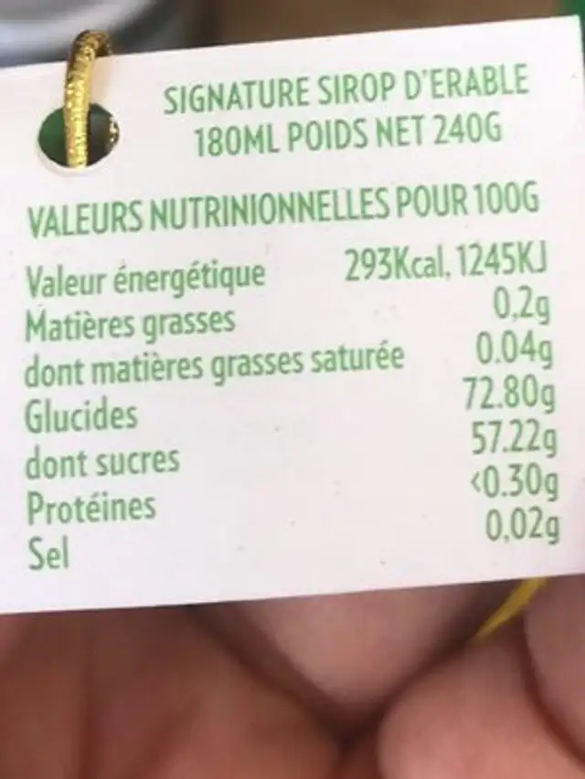 Williams Family 180ML ingredients label