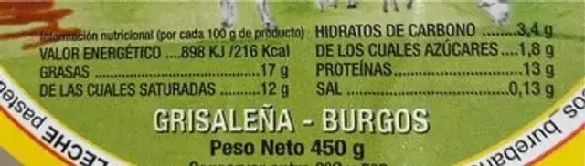 Queso Fresco de Oveja nutrition facts table