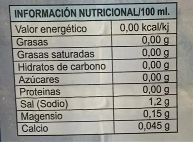 Agua 100% pura del mar Mediterraneo nutrition facts table