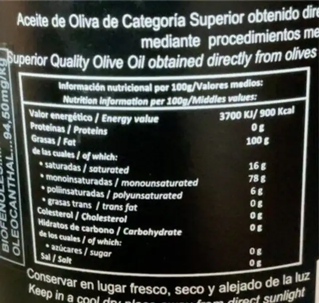 Noviembre - Aceite de Oliva Vigen Extra Ecológico nutrition facts table