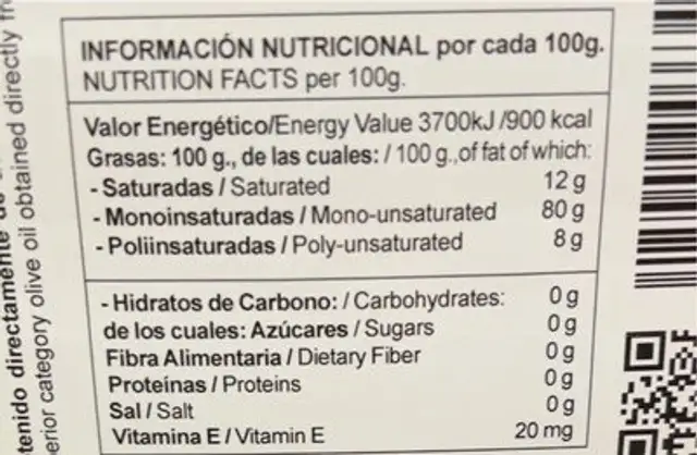Aceite de oliva virgen extra nutrition facts table