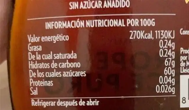 Sirope de arce puro nutrition facts table