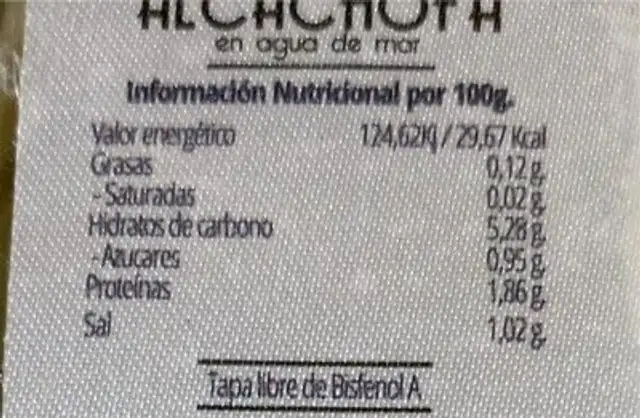 Corazones de alcachofa nutrition facts table