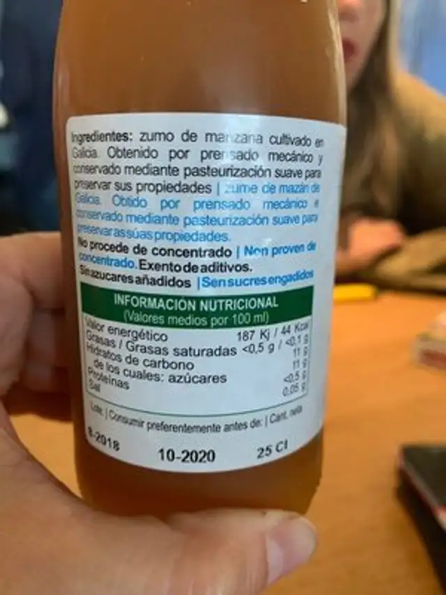 Zumo de Manzana nutrition facts table
