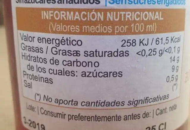 Zumo de arándanos y manzana nutrition facts table