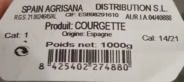 Courgette ingredients label