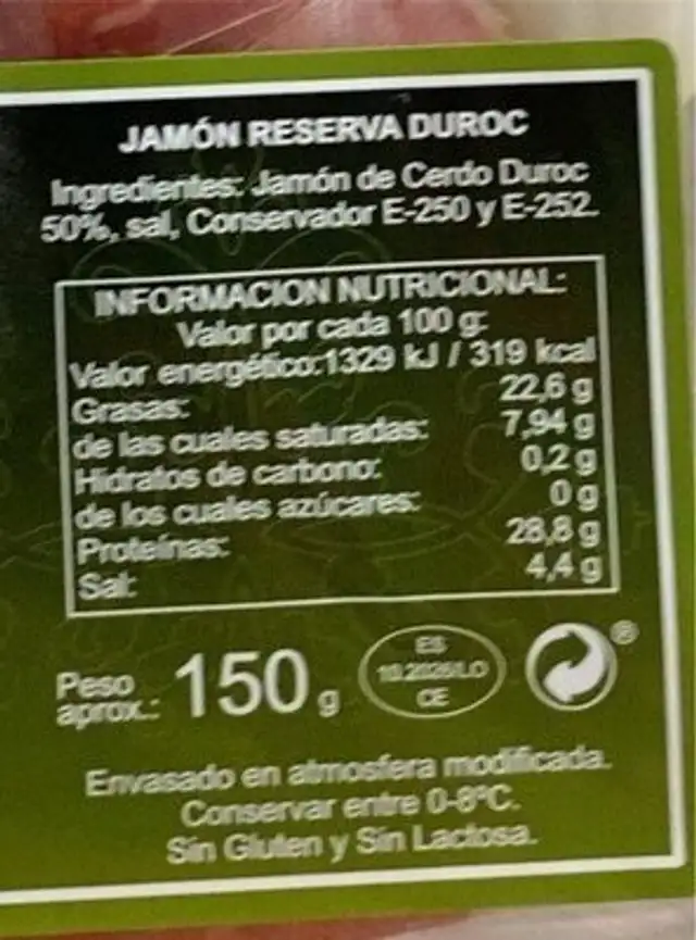 Jamón reseva duroc nutrition facts table