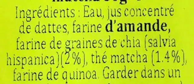Matcha Tea ingredients label