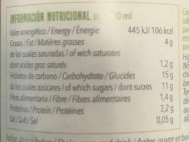 Bebida de almendra ecológica con té Matcha nutrition facts table