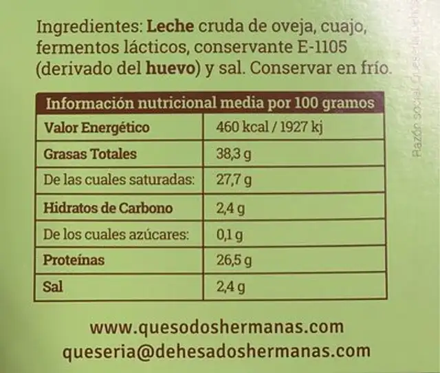 Queso de oveja de leche cruda nutrition facts table