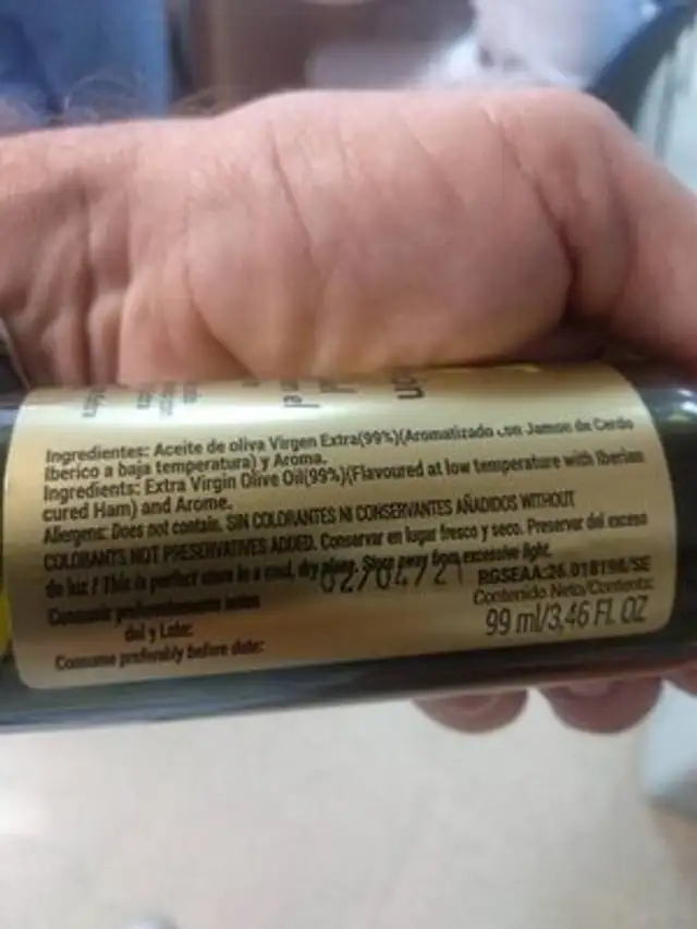 Oil & Jamón ingredients label