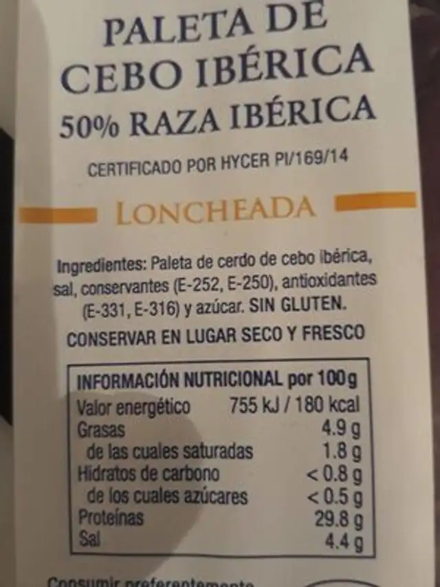 Paleta cebo ibérica nutrition facts table