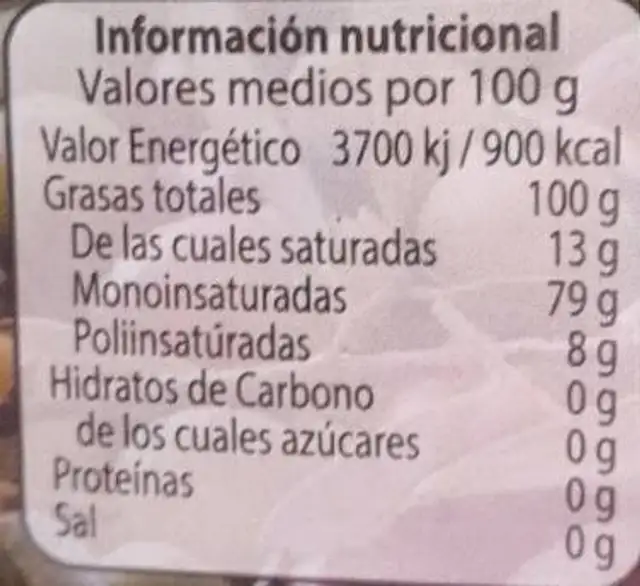 Aceite de oliva nutrition facts table