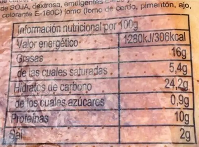 hornazo nutrition facts table