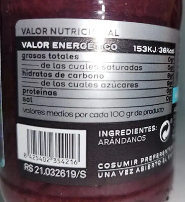Zumo de Arándanos nutrition facts table